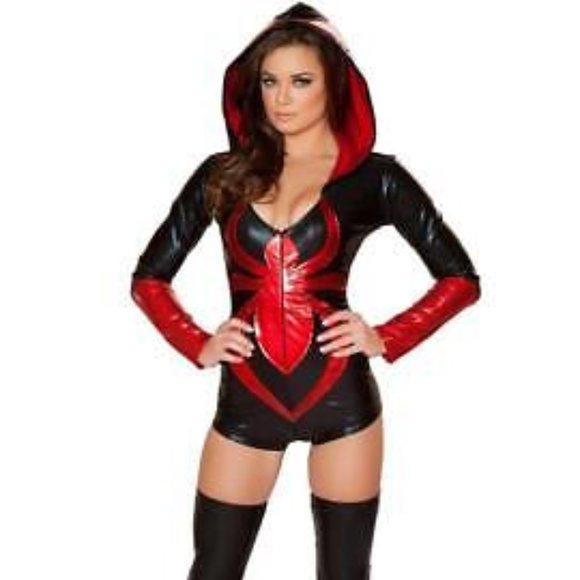 J. Valentine Sexy Venom Red & Black Spider Halloween Costume Romper Adult - Picture 1 of 12